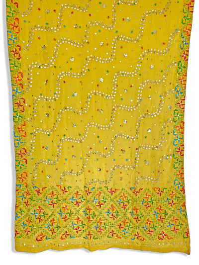 Women's Yellow Pure Chinon Silk Gotta Patti Hand Embroidered Phulkari Dupatta at PinkPhulkari California