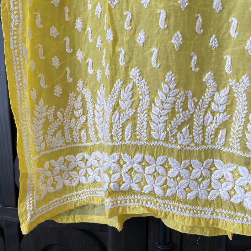 Women's Yellow Muslin Silk Chikankari Kurta Hand Embroidered at PinkPhulkari California