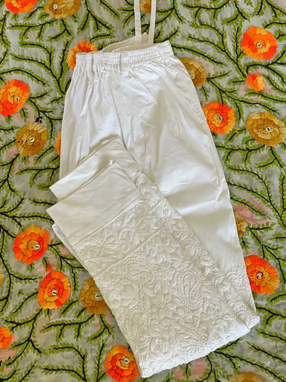 Women's White Hand Embroidered Muslin Silk Chikankari Kurta Pant Set at PinkPhulkari California