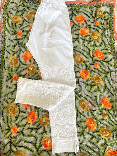 Women's White Hand Embroidered Muslin Silk Chikankari Kurta Pant Set at PinkPhulkari CaliforniaWomen's White Hand Embroidered Muslin Silk Chikankari Kurta Pant Set at PinkPhulkari California
