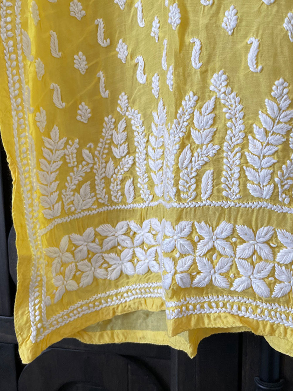 Women's Yellow Hand Embroidered Muslin Silk Chikankari Kurta Pant Set at PinkPhulkari California