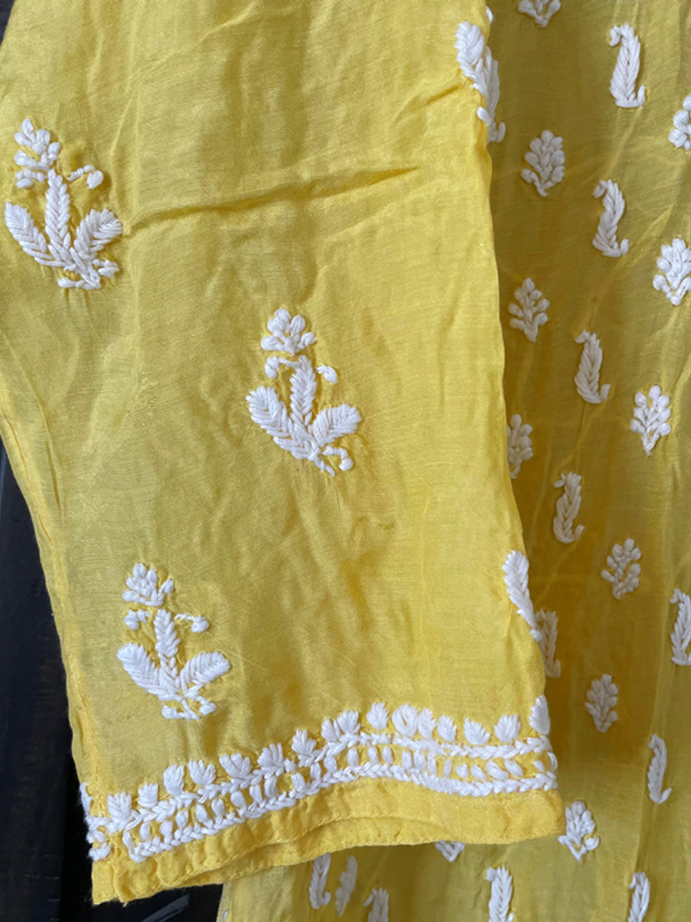 Women's Yellow Hand Embroidered Muslin Silk Chikankari Kurta Pant Set at PinkPhulkari California